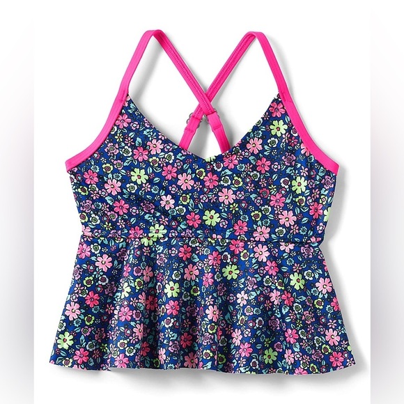 LANDS’ End Girls Ruffle Tankini Swimsuit Top in Blue Ditsy Floral Size 7 EUC - Picture 3 of 5